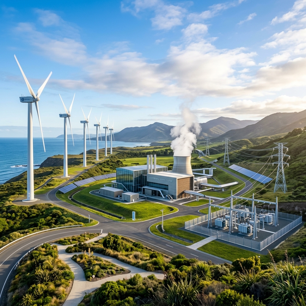 Diverse modern power generation infrastructure including wind turbines and geothermal plants